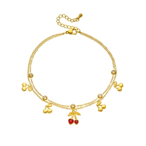 Double-layered gold-plated stainless steel anklet with red cherry and heart crystal charms