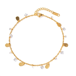 18K gold plated stainless steel anklet with water-drop charms and clear cubic zirconia