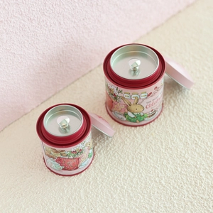 Mini bunny tin tea canister with double lid and cute rabbit illustration in pink
