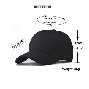 Size chart for classic 5-panel baseball cap with detailed height and circumference dimensions