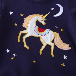 Navy blue girls sweatshirt featuring a detailed unicorn embroidery with moon and stars