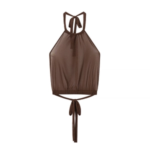 Detail of dark brown halter top in shimmery mesh fabric with delicate tie-up back design