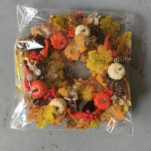 Detailed view of autumn wreath with pumpkins, maple leaves and pine cones in clear bag