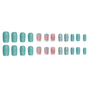Short square mint green press-on nails with blue rhinestones and silver blue glitter