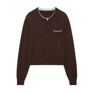 Women Knitted Cardigan Sweater Polyester Cotton Round Neck Long Sleeve Single Breasted Pocket Contrast Trim Casual Chic