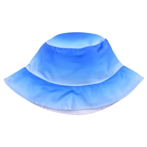 Detail showing high-quality stitching and blue gradient fabric on a bucket sun hat