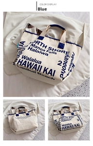 Detail der Canvas-Tragetasche mit marineblauen Griffen und Hawaii-Typografie