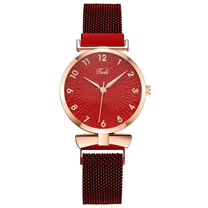 Women's quartz watch with red sunray dial and magnetic Milanese mesh strap