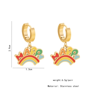 Detail of stainless steel hoop earrings featuring colorful HAPPY letter and rainbow charms