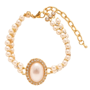 Bracelet double rangée de perles vintage avec perle ovale centrale et pavé de zircons