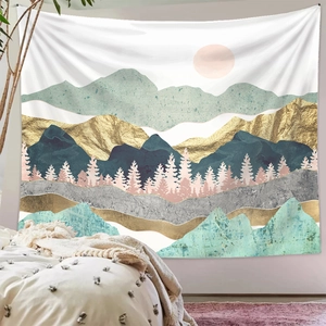 Detail showing Nordic abstract mountain tapestry with golden peaks over a bedroom headboard