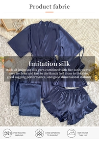 Detailed view of dark blue satin loungewear set featuring five satin weave texture
