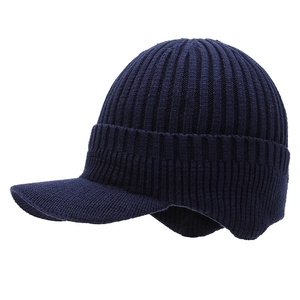 Thick navy blue knit beanie hat with brim and ear flaps for men winter warmth