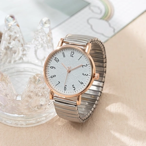 Fashion women's quartz watch with rose gold case and silver elastic stretch band