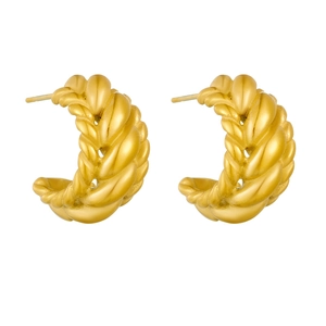 Elegant 18k gold plated stainless steel C-shaped twisted rope stud earrings on white background