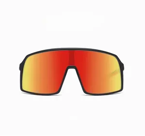 Close-up of TR90 sports sunglasses with matte black frame and orange gradient lens