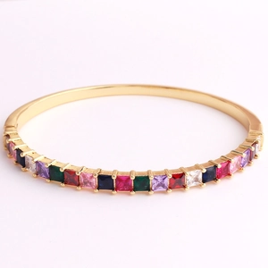 Detail of 18K gold plated bracelet with colorful square cut AAA zircon inlay stones