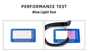 Blue light blocking test showing lens performance with professional testing card