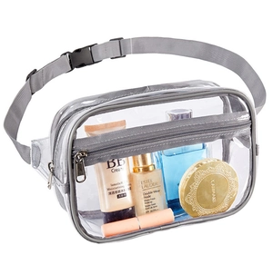 Detailed view of transparent PVC waist bag with grey adjustable strap and zipper pockets