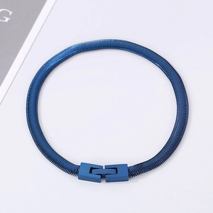 Macro detail of a 5mm blue stainless steel snake chain bracelet with rectangular clasp