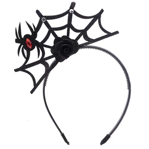 Cerchietto di Halloween con rosa nera e ragnatela glitterata con gemma rossa