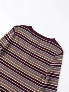 Detail of multi-color striped knit sweater showing crew neck and shoulder texture