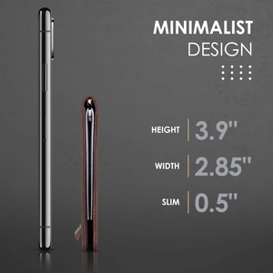 Slim brown leather RFID wallet showing 0.5 inch thickness profile beside a smartphone