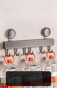 Detail showing high load capacity of suction cup kitchen rail with hooks in gun grey finish