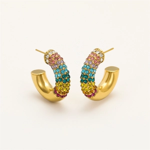 18K gold plated C-shaped stainless steel earrings with vibrant rainbow cubic zirconia