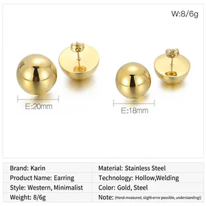 Detailed view of hollow gold stainless steel ball earrings with 18mm and 20mm dimensions