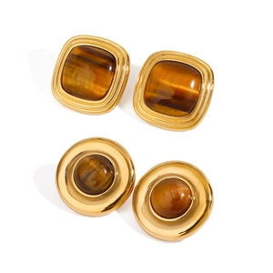 Luxury titanium steel tiger eye earrings in square and round shapes with gold finish
