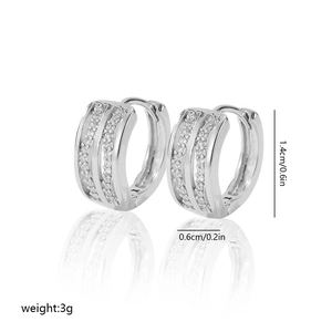 Detailed view of silver hoop earrings with zircon pavé showing 1.4cm height dimensions