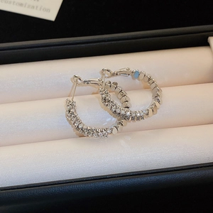Macro shot of silver hoop earrings with pavé set cubic zirconia in a jewelry box