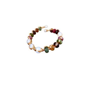 Bohemian gold wire wrapped open ring with colorful agate beads and white pearls
