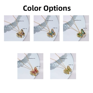 Macro detail of butterfly necklaces in five gradient colors with precise dimensions and weight