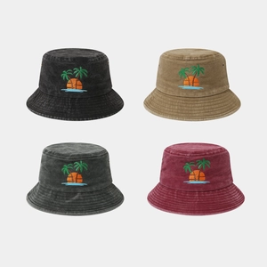 Washed Cotton Bucket Hat Distressed Embroidered Coconut Tree Sunset Vintage Outdoor Beach Sun Protection