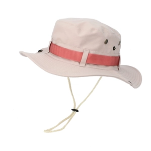 Detail of outdoor sun hat with bronze ventilation eyelets and adjustable chin strap