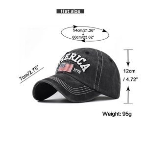 Close-up of distressed cotton baseball cap with American flag embroidery and size specs