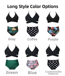 Detailed grid of girls' bikini sets featuring black halter tops and various printed bottoms