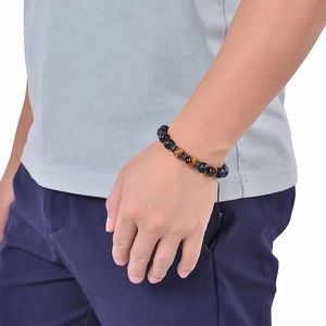 Men's 10mm lava and tiger eye stone braided bracelet with adjustable cord on wrist