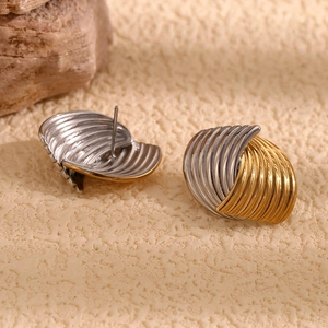 18K gold plated geometric fan ribbed stud earrings with silver and gold striped design