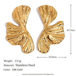 Retro ginkgo leaf stud earrings in 18K gold plated stainless steel with natural texture