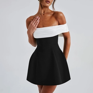 Elegant off-shoulder black and white contrast mini dress for women with satin bodice