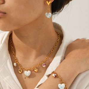 Collier Bracelet Et Boucles Oreilles Pendentif Coeur Acier Inoxydable Chaîne Dorée Céramique Fleur Motif Bleu Pour Femmes