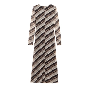 Slim fit long sleeve plaid dress in brown and beige check pattern with A-line skirt