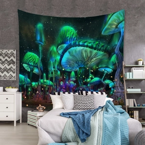 Detail of bohemian psychedelic mushroom tapestry showing neon forest glow on polyester fabric