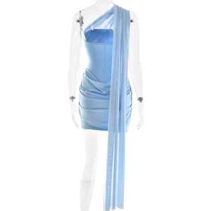 Detail of light blue one-shoulder mini dress featuring elegant mesh sash and ruched fabric
