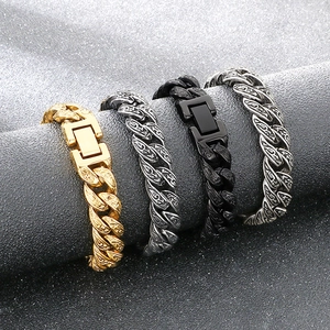 Detailed view of punk style Cuban chain bracelets in four metallic colors with retro patterns