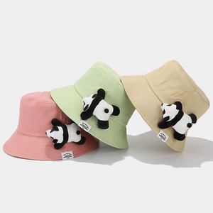 Cute panda fisherman hats in pink, mint green and beige cotton with 3D plush decor
