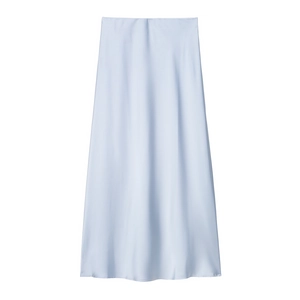 Close-up of light blue satin midi skirt showing smooth silk texture and fabric drape